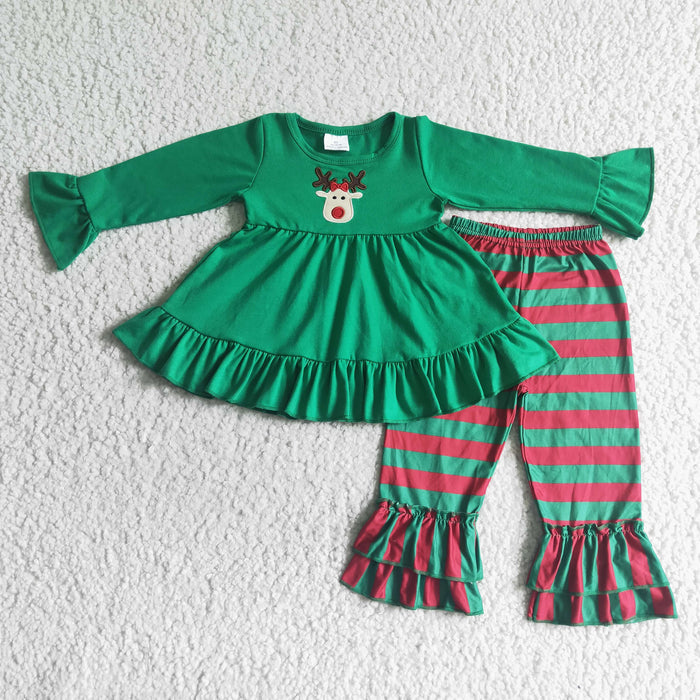 GLP0046 Deer Embroidery Green Tunic Top Stripes Ruffle Pants Girls Christmas Clothes Set
