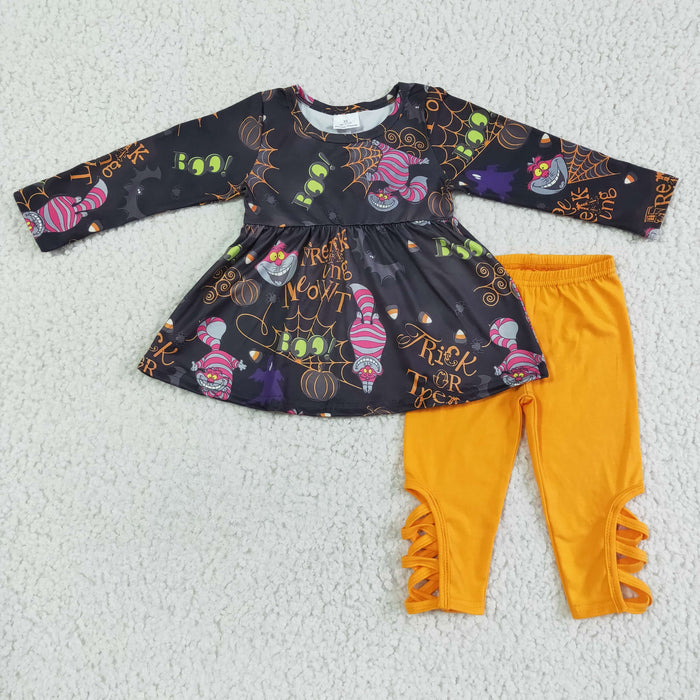 GLP0048 Cartoon Cat BOO Pumpkin Tunic Top Cross Legging Pants Girls Halloween Clothes Set