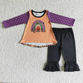GLP0049 Pumpkin Rainbow Vibes Leopard Tunic Top Black Pants Girls Halloween Clothes Set