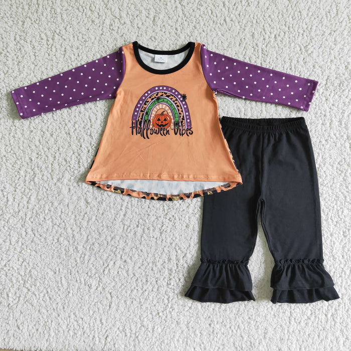 GLP0049 Pumpkin Rainbow Vibes Leopard Tunic Top Black Pants Girls Halloween Clothes Set
