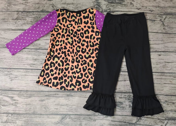 GLP0049 Pumpkin Rainbow Vibes Leopard Tunic Top Black Pants Girls Halloween Clothes Set