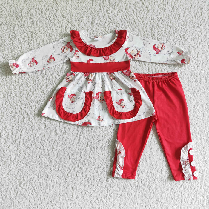 GLP0050 Santa Print Pockets Tunic Top Red Pants Girls Christmas Clothes Set