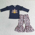 GLP0061 Turkey Navy Top Leopard Bell Pants Girls Thanksgiving Clothes Set