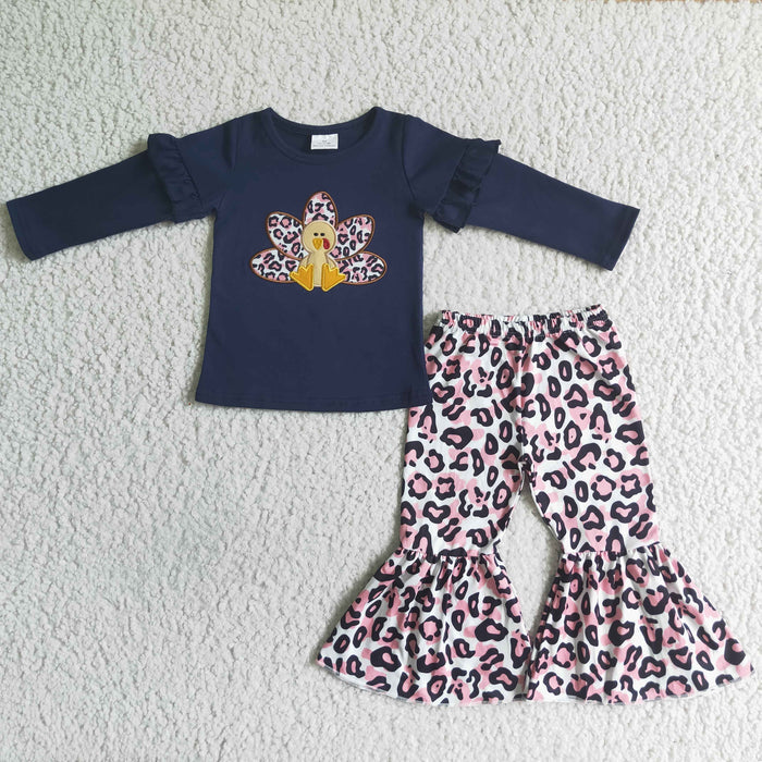 GLP0061 Turkey Navy Top Leopard Bell Pants Girls Thanksgiving Clothes Set