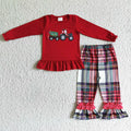 GLP0063 Tractor Tree Embroidery Red Top Checkered Pants Girls Christmas Clothes Set