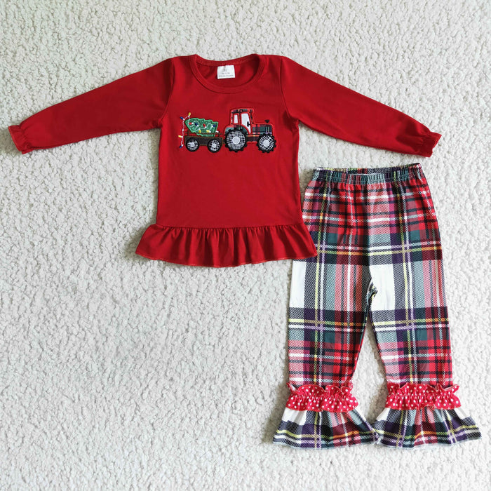 GLP0063 Tractor Tree Embroidery Red Top Checkered Pants Girls Christmas Clothes Set