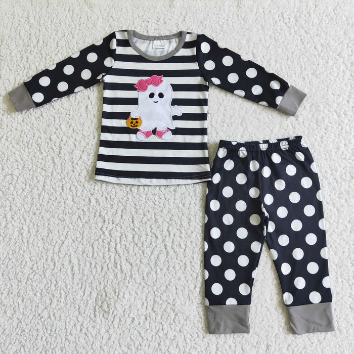 GLP0066 Ghost Embroidery Stripes Dots Print Girls Halloween Pajamas Clothes Set