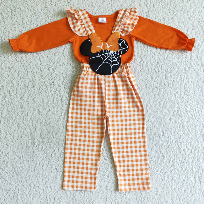 GLP0067 Orange Top Cartoon Mouse Web Embroidery Plaid Print Overall Girls Halloween Clothes Set