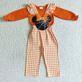 GLP0067 Orange Top Cartoon Mouse Web Embroidery Plaid Print Overall Girls Halloween Clothes Set