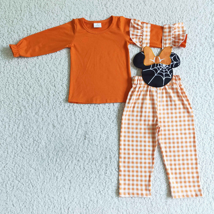 GLP0067 Orange Top Cartoon Mouse Web Embroidery Plaid Print Overall Girls Halloween Clothes Set