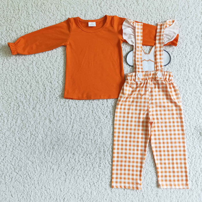 GLP0067 Orange Top Cartoon Mouse Web Embroidery Plaid Print Overall Girls Halloween Clothes Set