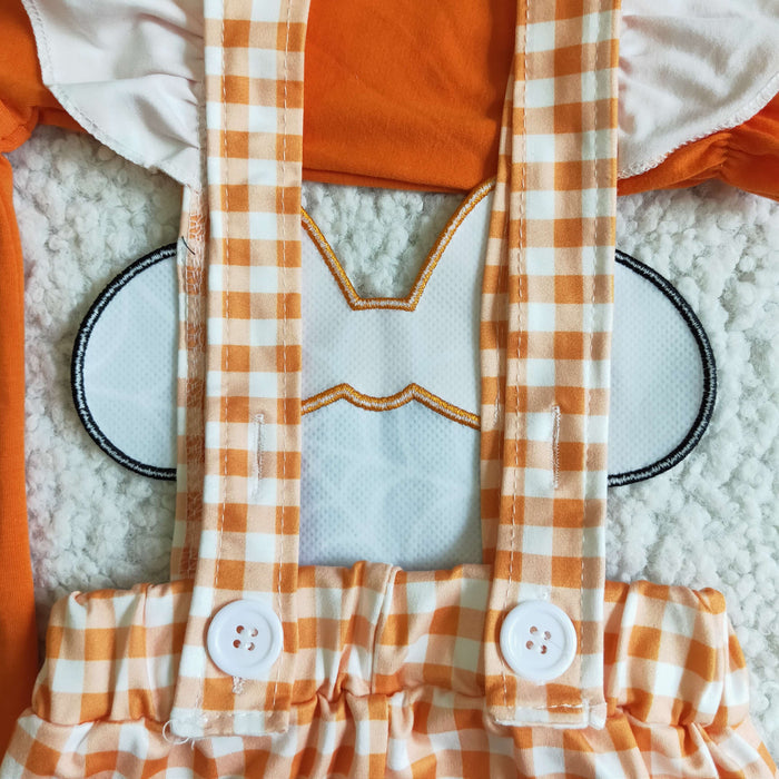GLP0067 Orange Top Cartoon Mouse Web Embroidery Plaid Print Overall Girls Halloween Clothes Set
