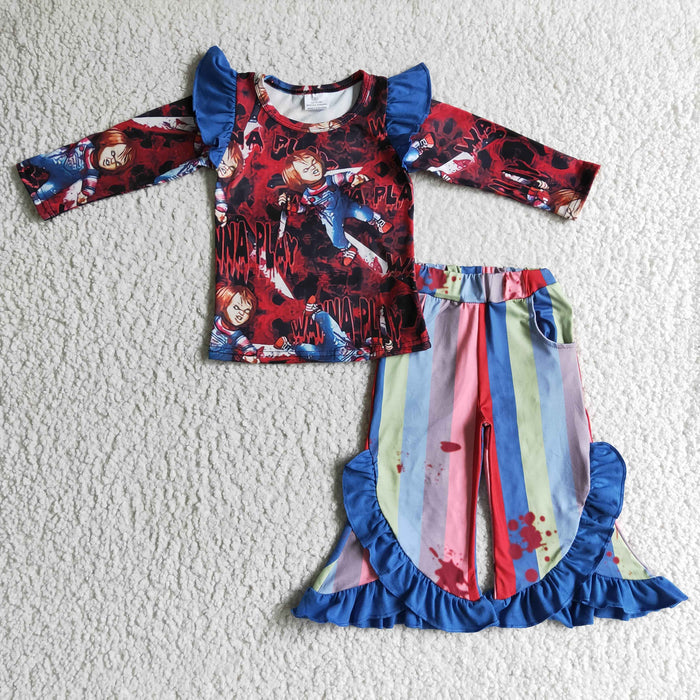 GLP0072 Cartoon Doll Wanna play? Top Stripes Bell Pants Girls Halloween Clothes Set