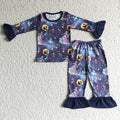 GLP0073 Nightmar* Pumpkin Print Girls Halloween Pajamas Clothes Set