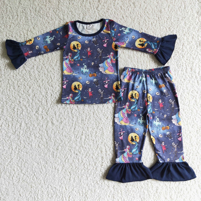GLP0073 Nightmar* Pumpkin Print Girls Halloween Pajamas Clothes Set