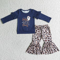 GLP0074 Ghost BOO Navy Top Leopard Bell Pants Girls Halloween Clothes Set