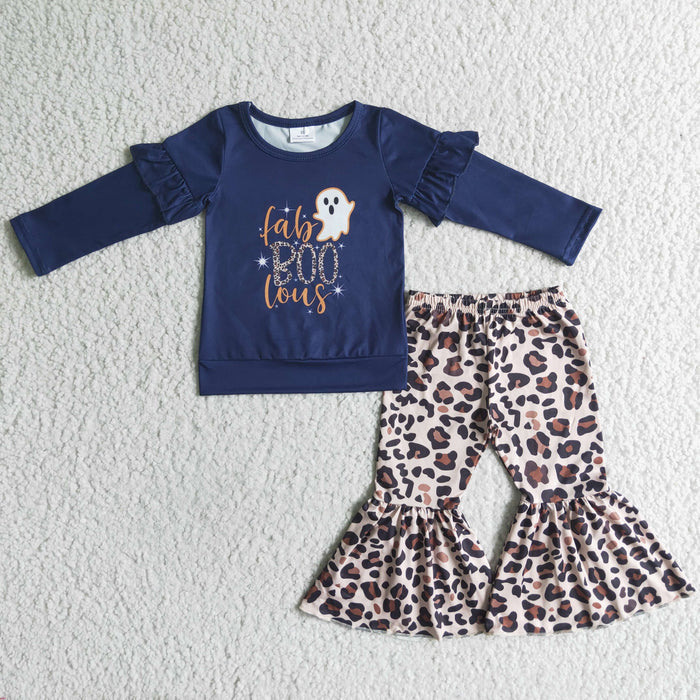 GLP0074 Ghost BOO Navy Top Leopard Bell Pants Girls Halloween Clothes Set