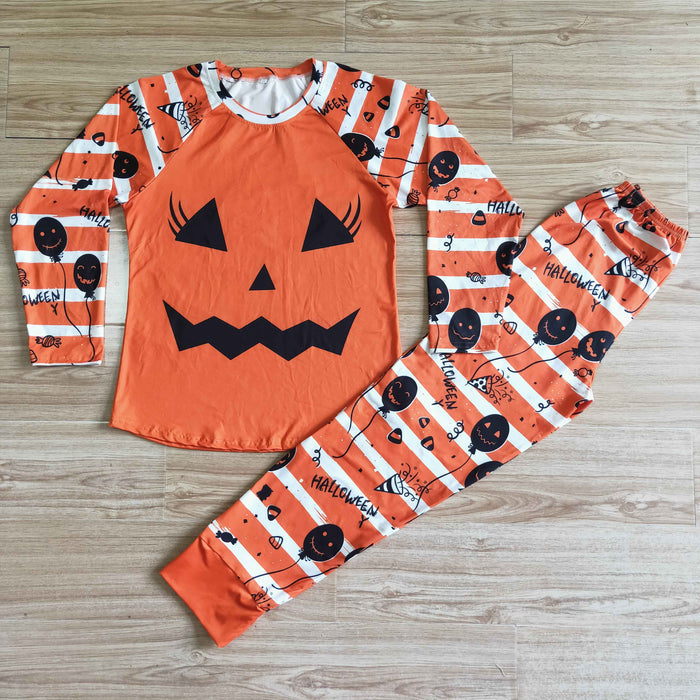 GLP0075 Pumpkin Smiling Orange Stripes Print Woman Halloween Pajamas Clothes Set