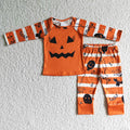 GLP0076 Pumpkin Smiling Orange Stripes Print Girls Halloween Pajamas Clothes Set