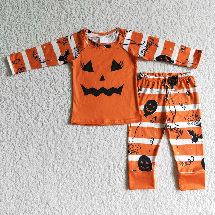 GLP0076 Pumpkin Smiling Orange Stripes Print Girls Halloween Pajamas Clothes Set