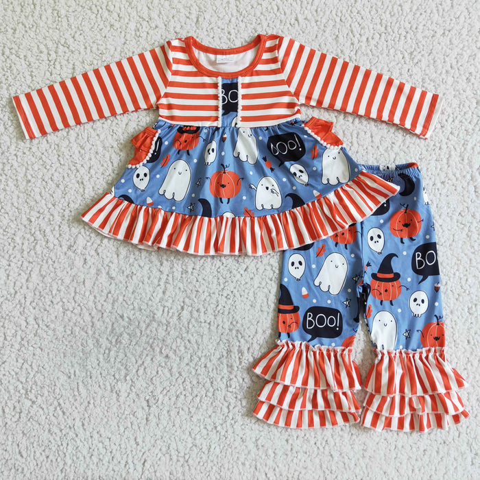GLP0077 Ghost Pumpkin Boo Stripes Tunic Top Ruffle Pants Girls Halloween Clothes Set