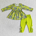 GLP0080 Cartoon Mouse Green Tunic Top Cross Legging Pants Girls Halloween Clothes Set