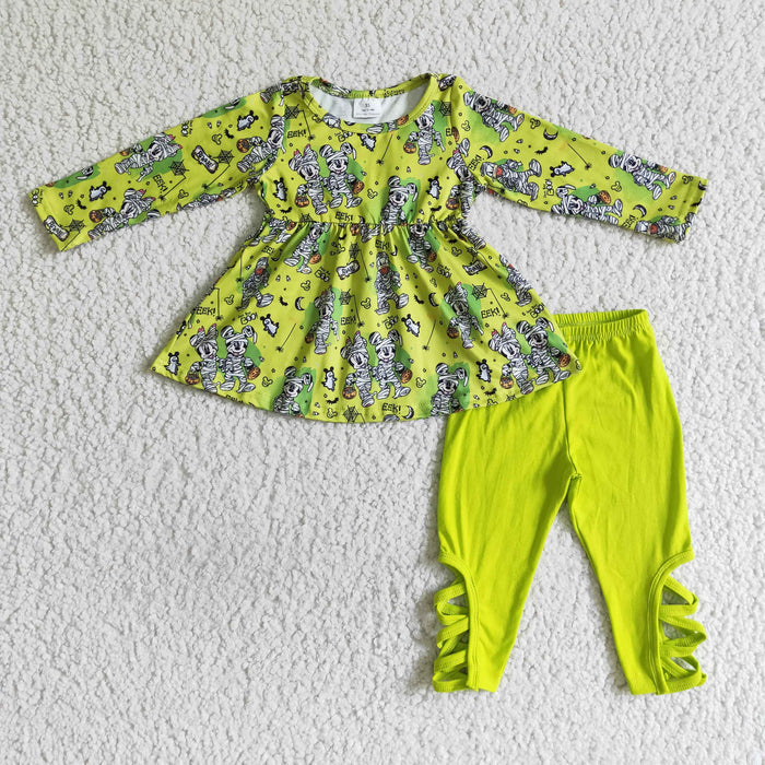 GLP0080 Cartoon Mouse Green Tunic Top Cross Legging Pants Girls Halloween Clothes Set