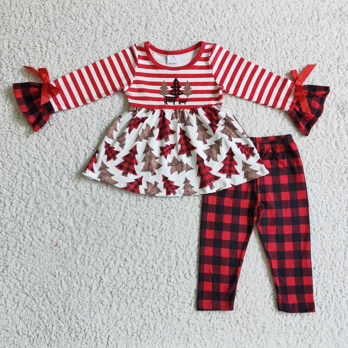 GLP0084 Leopard Tree Ruffle Tunic Top Checkered Pants Girls Christmas Clothes Set