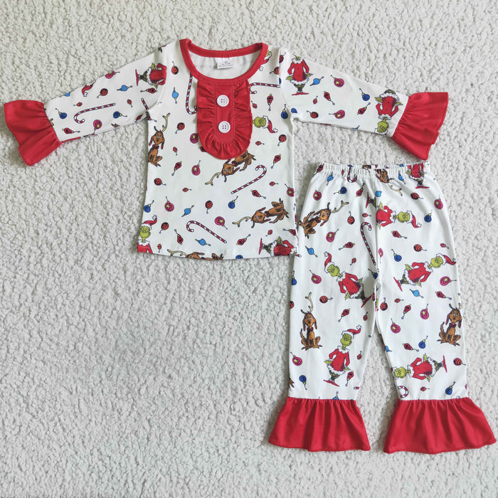 GLP0087 Green Frog Print Girls Christmas Pajamas Clothes Set