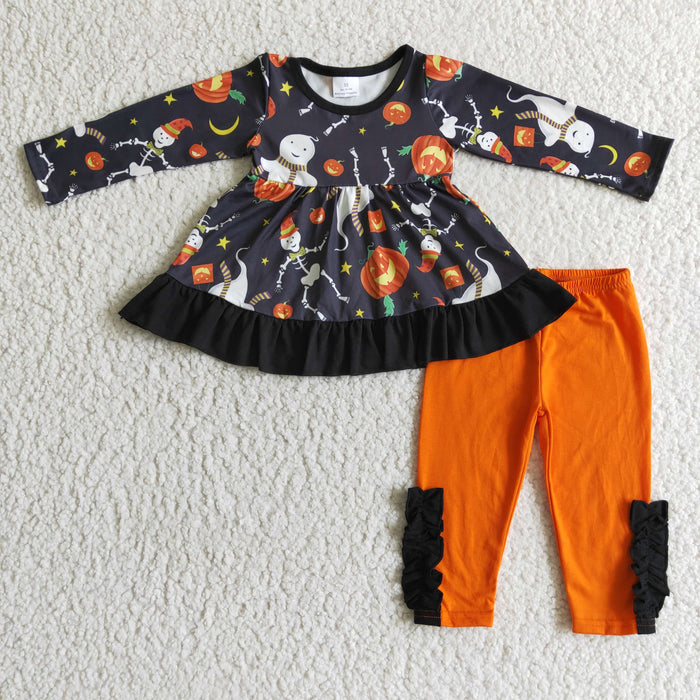 GLP0092 Ghost Pumpkin Tunic Top Orange Legging Pants Girls Halloween Clothes Set