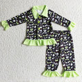GLP0097 Skull Smiling Green Print Girls Halloween Pajamas Clothes Set