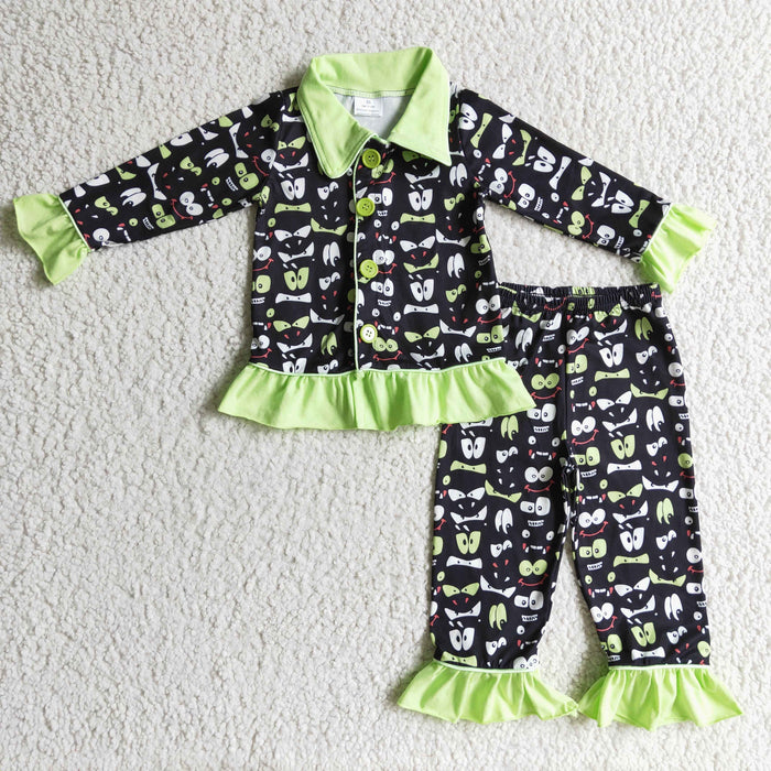 GLP0097 Skull Smiling Green Print Girls Halloween Pajamas Clothes Set