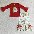 GLP0099 Santa Embroidery Red Top Dots Ruffle Pants Girls Christmas Clothes Set