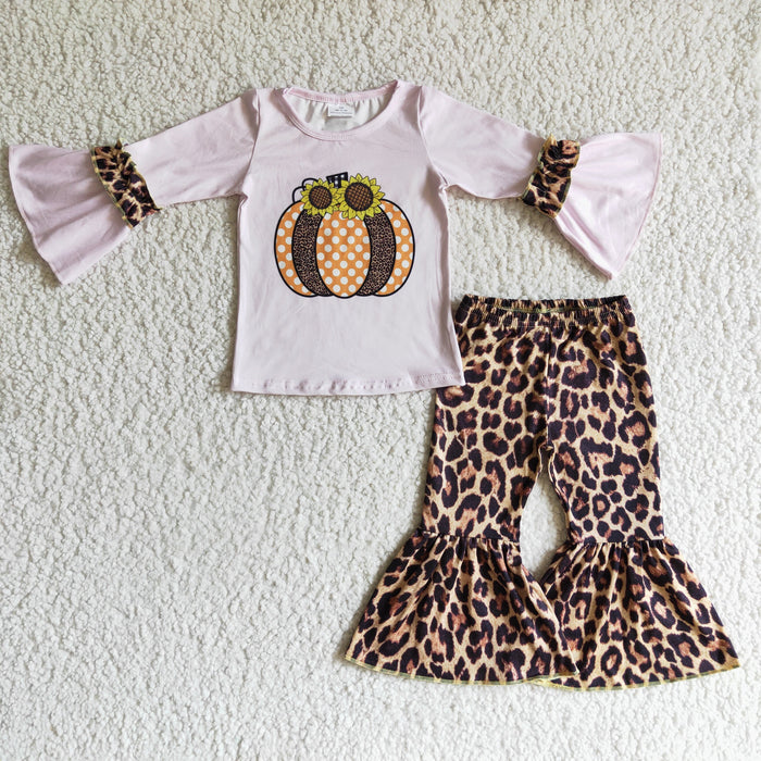 GLP0125 Pumpkin Pink Top Leopard Bell Pants Girls Fall Clothes Set