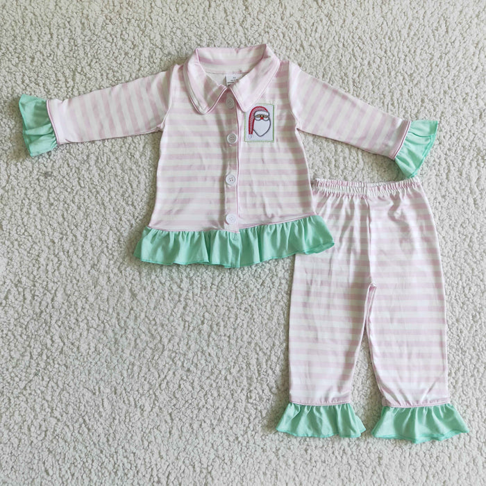 GLP0134 Santa Embroidery Pink Stripes Print Girls Christmas Buttons Pajamas Clothes Set