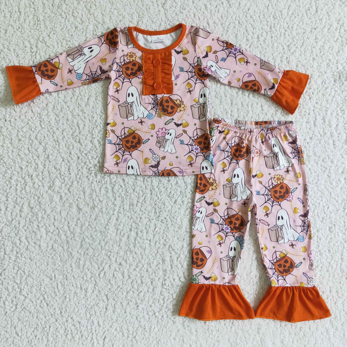 GLP0135 Ghost Pumpkin Candy Flowers Print Girls Halloween Pajamas Clothes Set