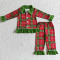 GLP0138 Red Green Checkered Print Girls Christmas Buttons Pajamas Clothes Set