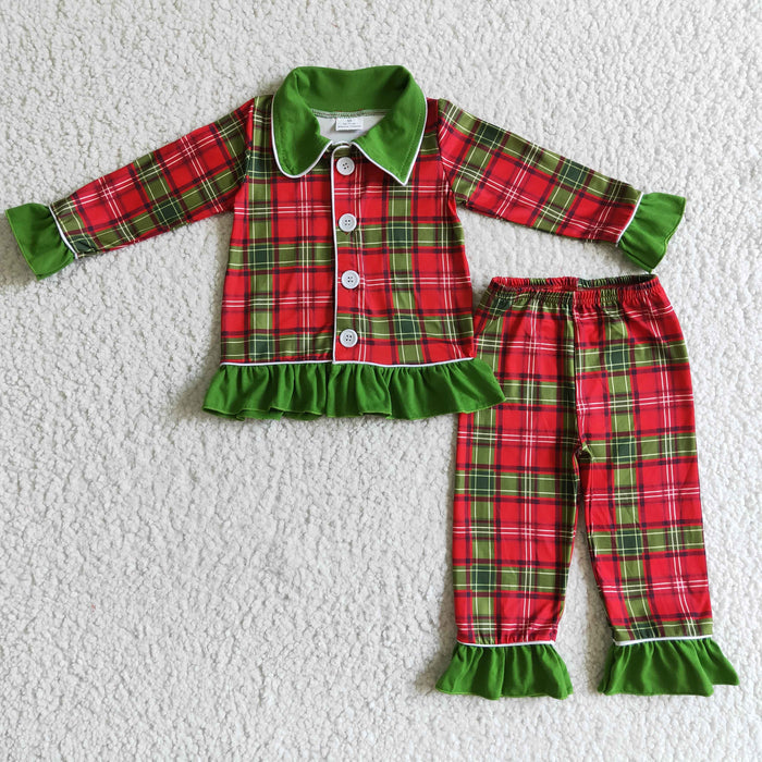 GLP0138 Red Green Checkered Print Girls Christmas Buttons Pajamas Clothes Set
