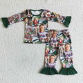 GLP0141 Cartoon Characters Shelf Green Print Girls Christmas Pajamas Clothes Set