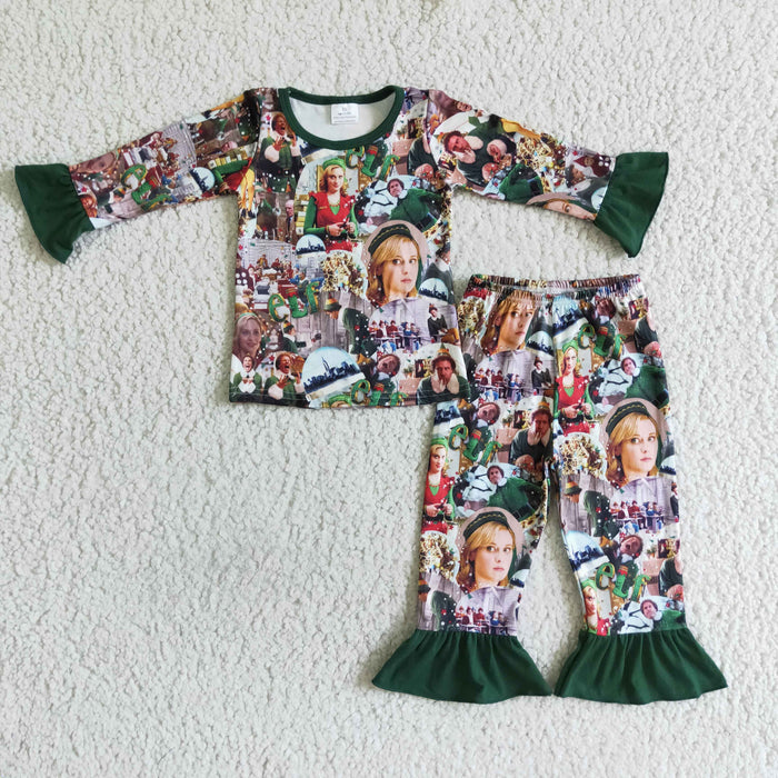 GLP0141 Cartoon Characters Shelf Green Print Girls Christmas Pajamas Clothes Set
