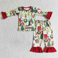 GLP0142 Green Frog Print Girls Christmas Pajamas Clothes Set