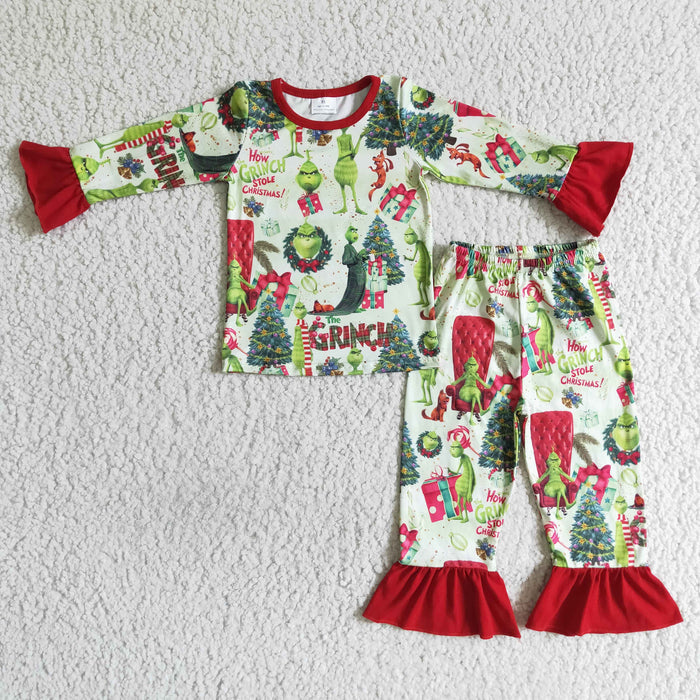 GLP0142 Green Frog Print Girls Christmas Pajamas Clothes Set