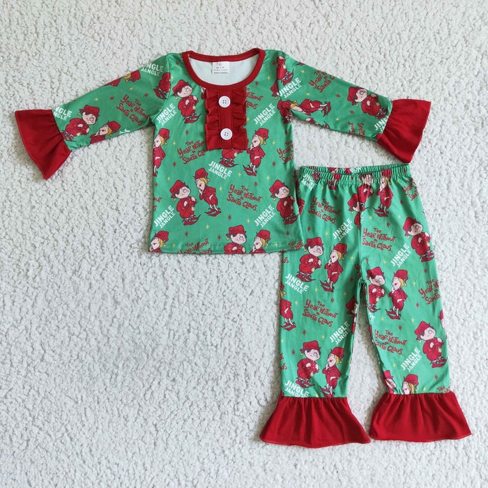 GLP0149 Cartoon Characters Green Print Girls Christmas Pajamas Clothes Set