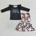 GLP0150 Merry Christmas Black Top Santa Leopard Bell Pants Girls Clothes Set