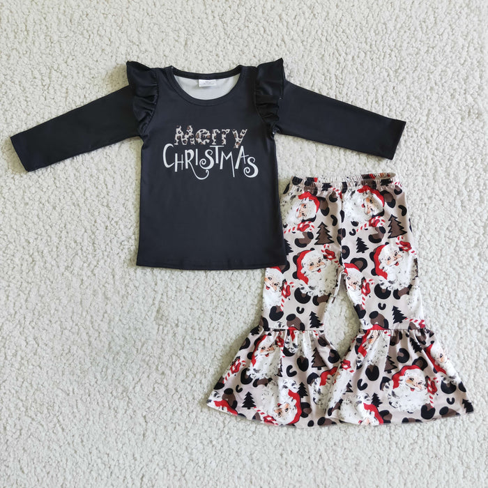 GLP0150 Merry Christmas Black Top Santa Leopard Bell Pants Girls Clothes Set