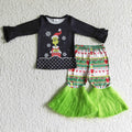 GLP0152 Green Frog Black Top Candy Fur Bell Pants Girls Christmas Clothes Set