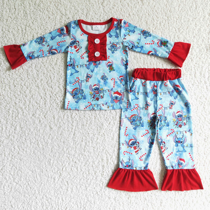 GLP0157 Cartoon Stitc* Blue Print Girls Christmas Pajamas Clothes Set