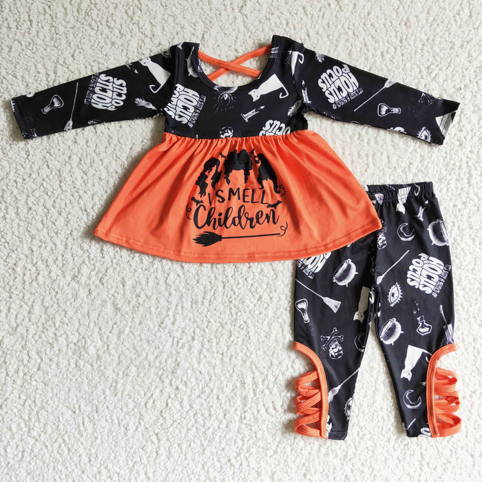 GLP0158 Witch Tunic Top Cross Pants Girls Halloween Clothes Set