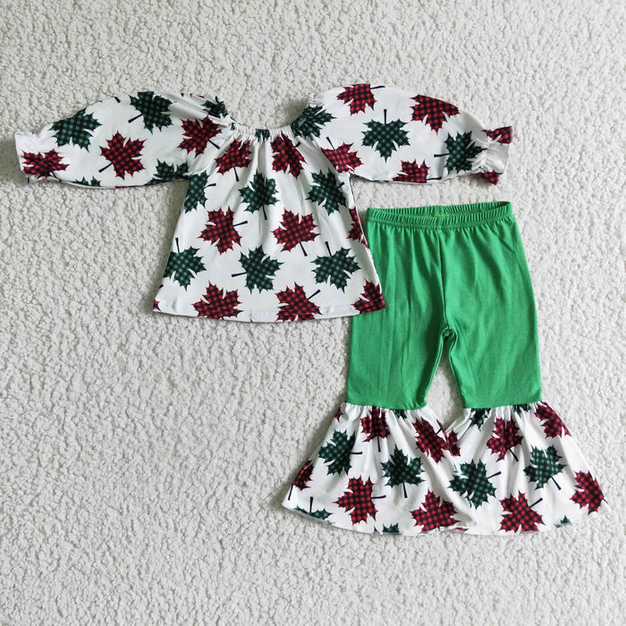 GLP0160 Maple Leaf Checkered Print Girls Christmas Clothes Set