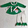 GLP0163 Santa Embroidery Green Tunic Top Dots Ruffle Pants Girls Christmas Clothes Set